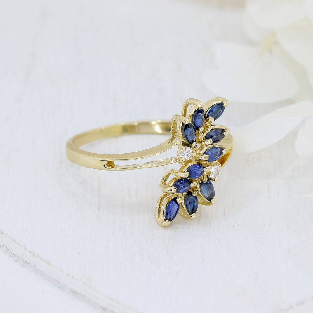 Pre Owned 18ct Yellow Gold Marquise Sapphire & Diamond Spray Cluster Ring