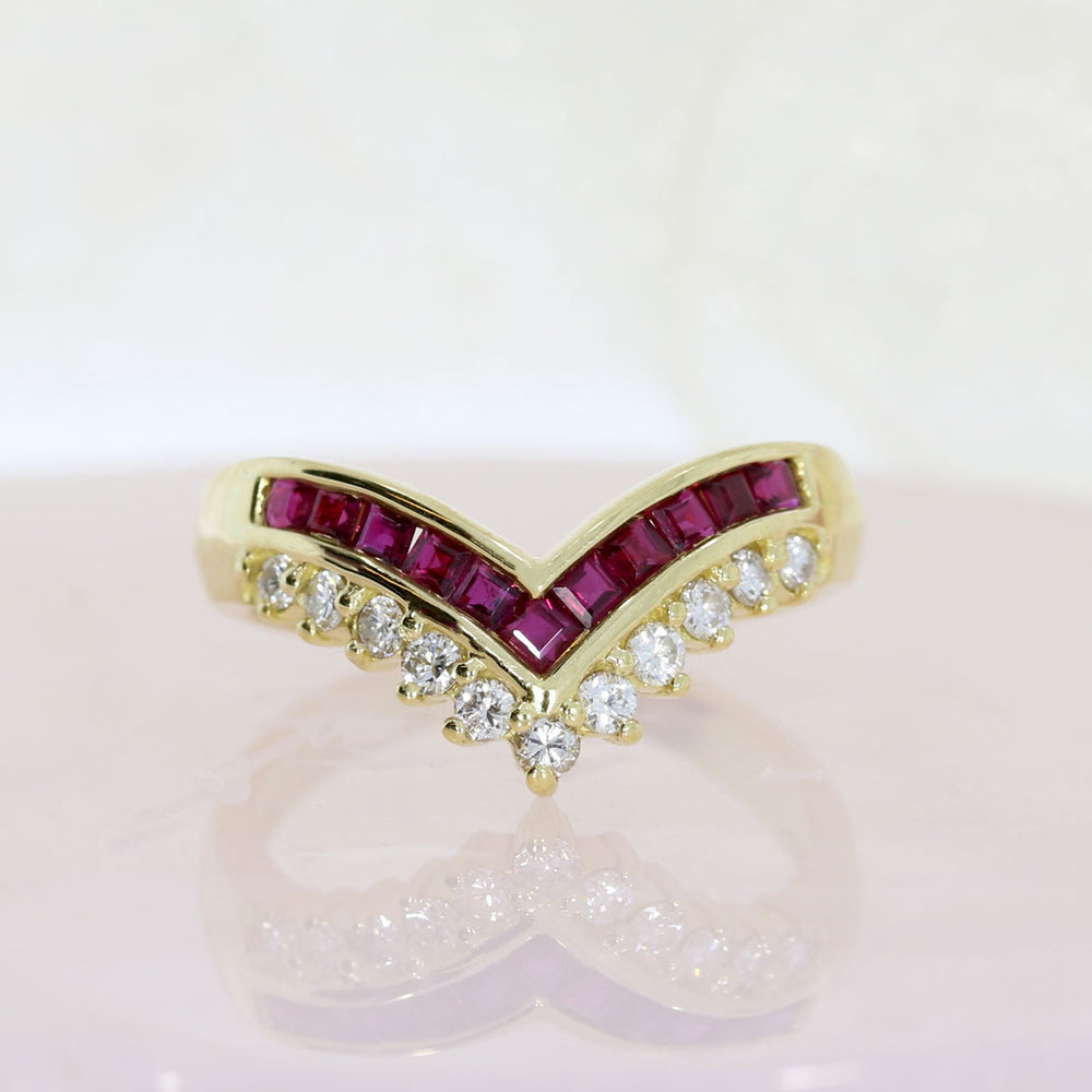 Pre Owned 18ct Wishbone Ring with Channel Set Ruby & Claw Set Diamonds