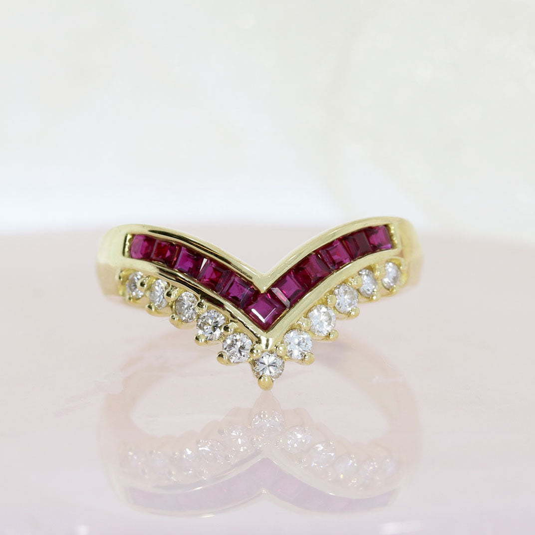 Pre Owned 18ct Wishbone Ring with Channel Set Ruby & Claw Set Diamonds