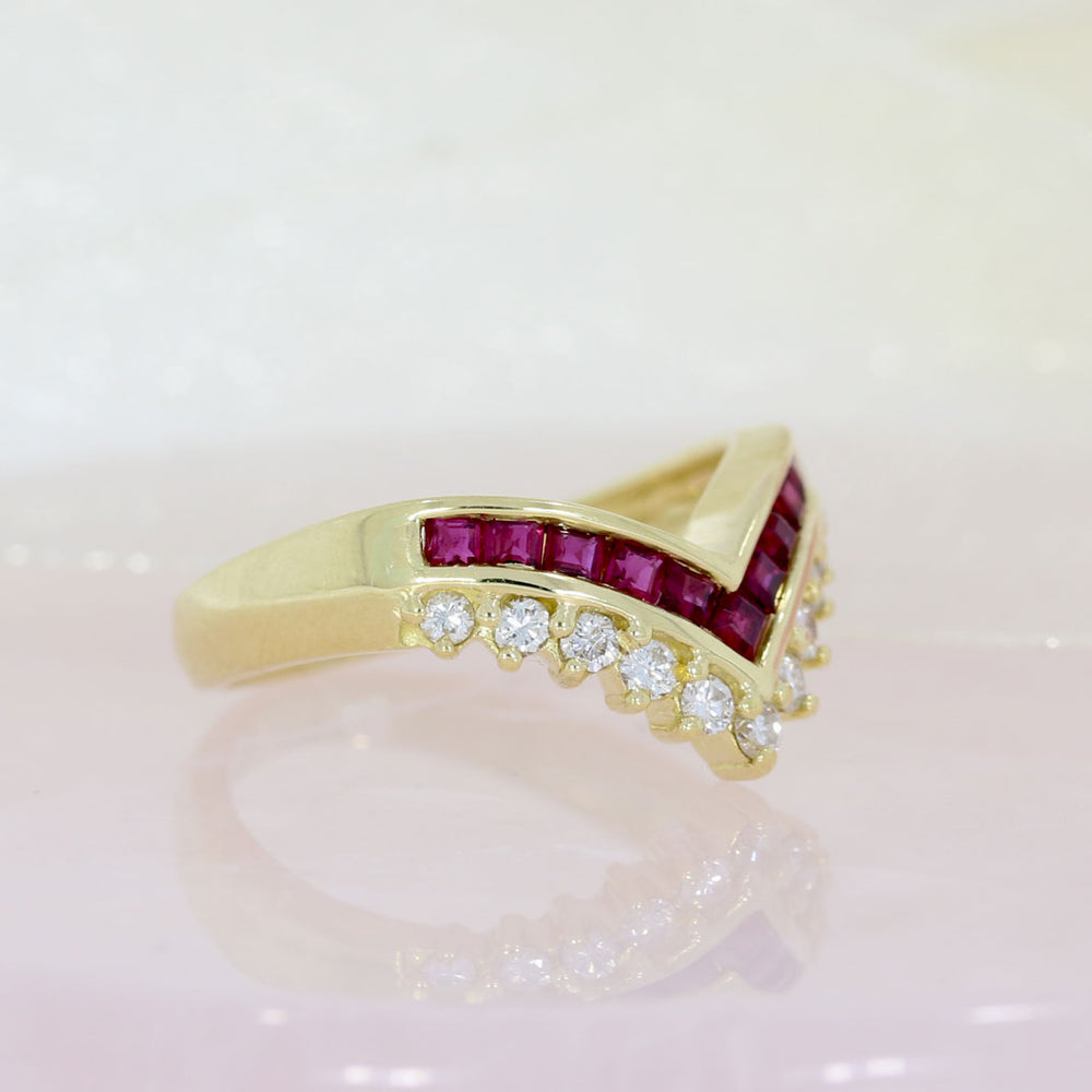 Pre Owned 18ct Wishbone Ring with Channel Set Ruby & Claw Set Diamonds