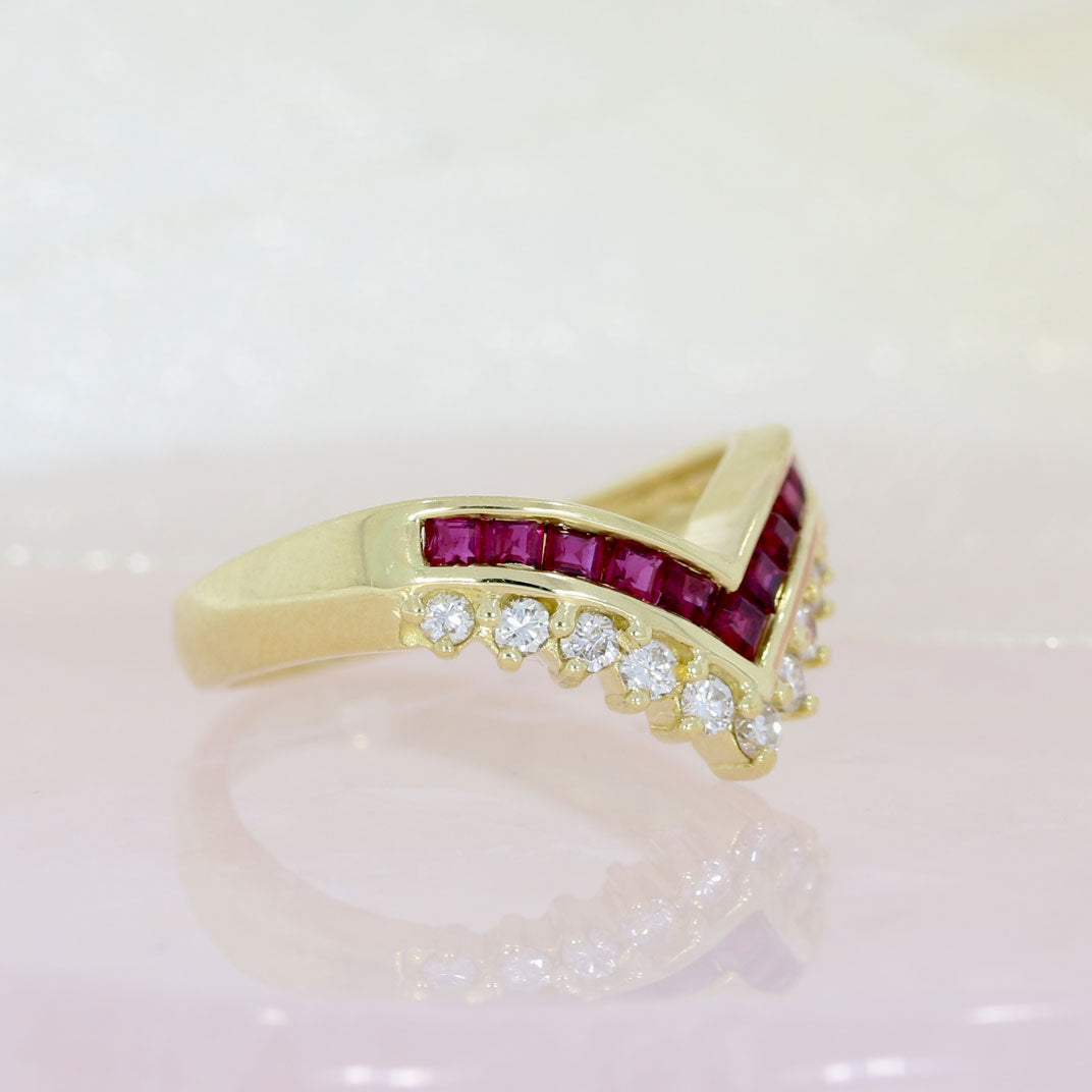 Pre Owned 18ct Wishbone Ring with Channel Set Ruby & Claw Set Diamonds