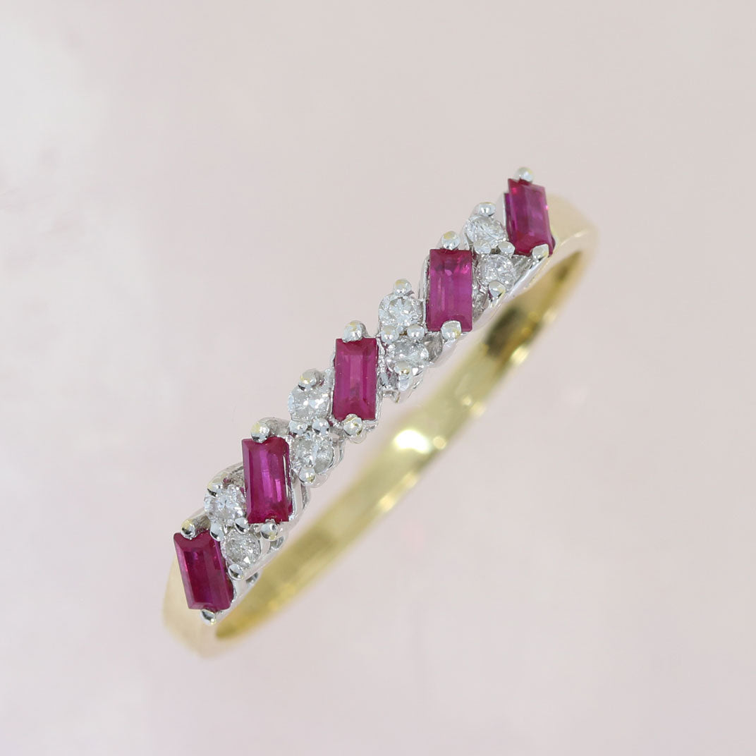 Pre Owned 18ct Yellow Gold Oblong Ruby & Round Diamond Eternity Ring