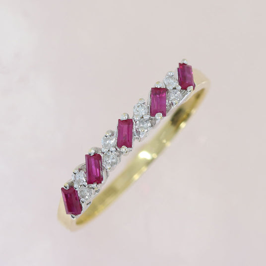 Pre Owned 18ct Yellow Gold Oblong Ruby & Round Diamond Eternity Ring