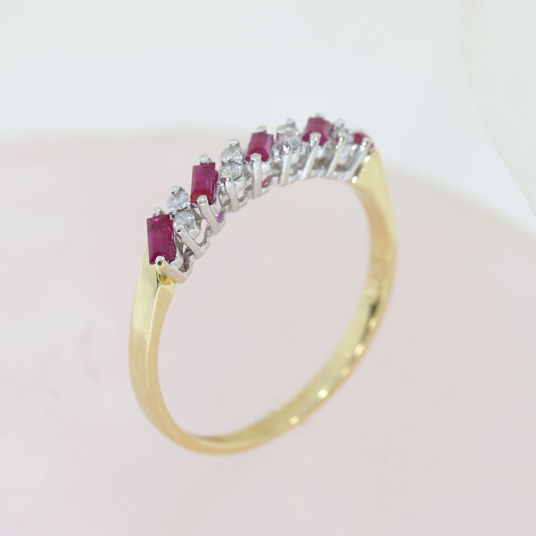 Pre Owned 18ct Yellow Gold Oblong Ruby & Round Diamond Eternity Ring