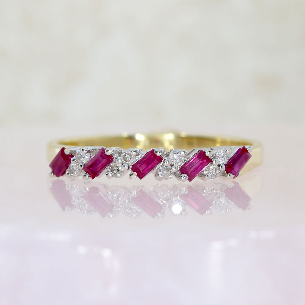 Pre Owned 18ct Yellow Gold Oblong Ruby & Round Diamond Eternity Ring