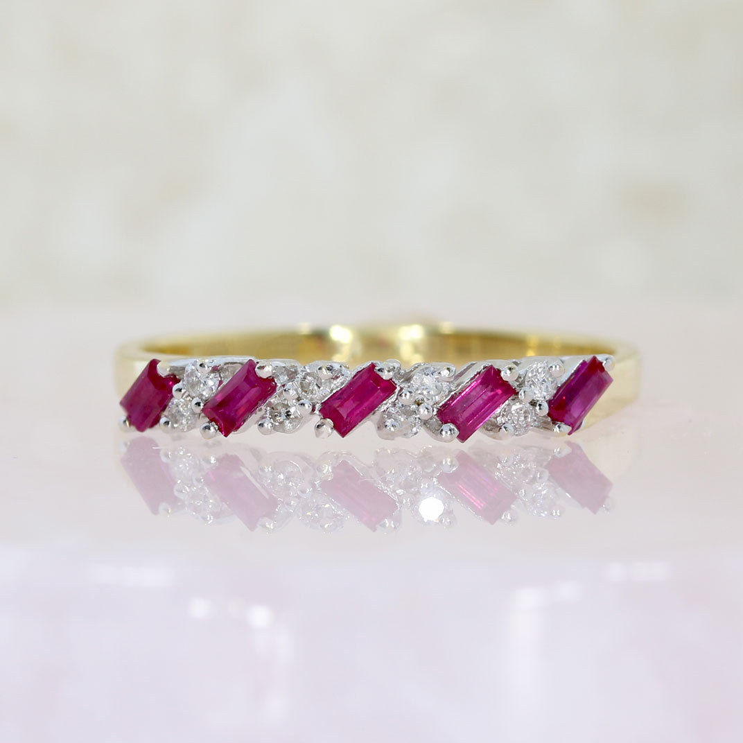 Pre Owned 18ct Yellow Gold Oblong Ruby & Round Diamond Eternity Ring