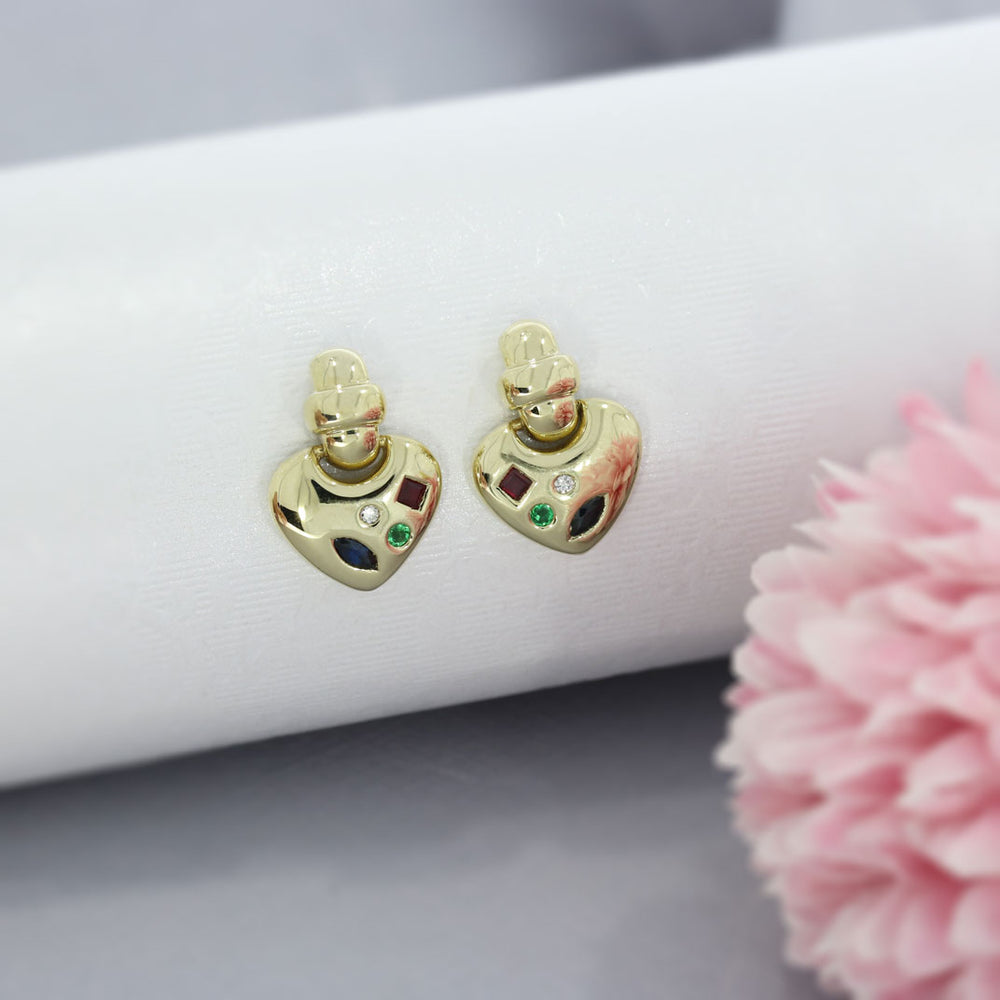 Pre Owned 9ct Gold Heart Shape Earrings Set With Synthetic Coloured Stones