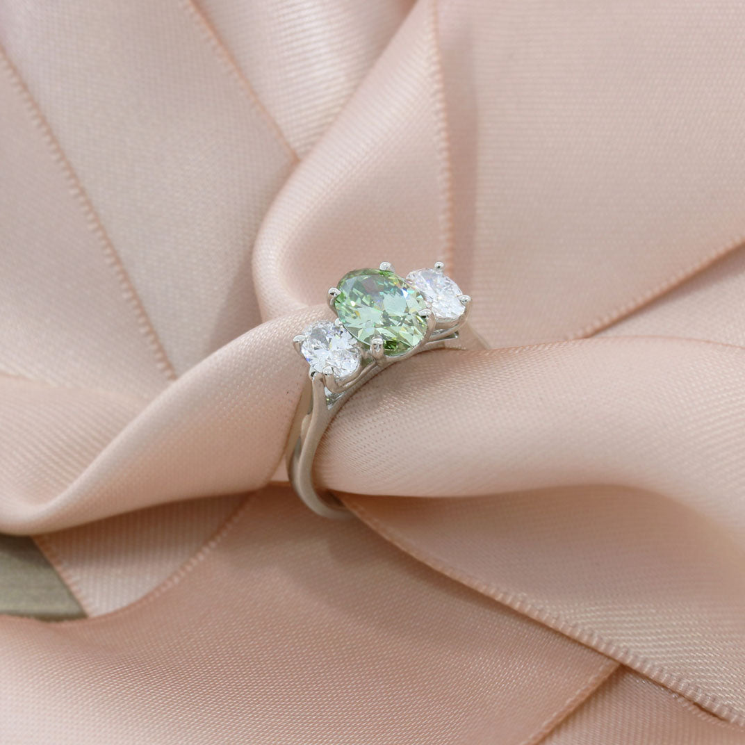 Platinum Certified Fancy Vivid Green Lab Grown Diamond 3 Stone Ring Total 2.48ct