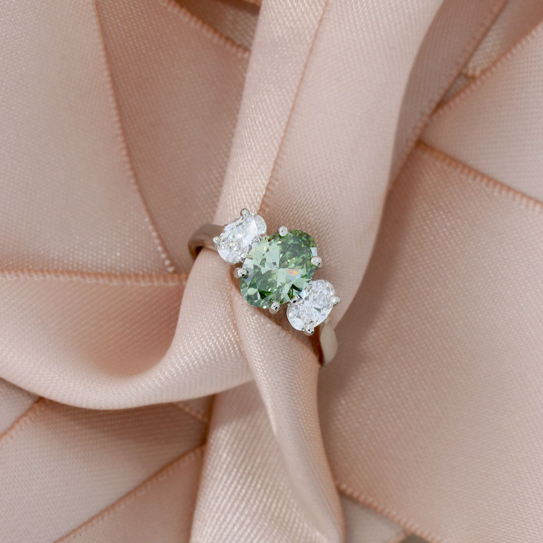 Platinum Certified Fancy Vivid Green Lab Grown Diamond 3 Stone Ring Total 2.48ct