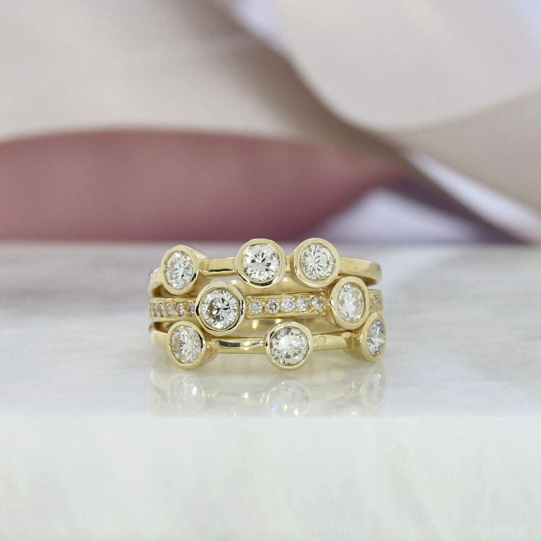 9ct Gold 3 Row Diamond Bubble Ring with Pave Set Diamonds 1.40ct