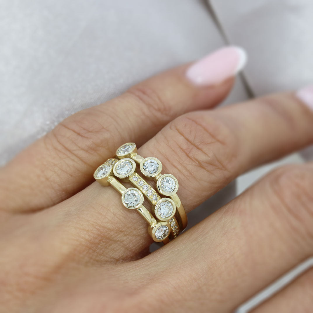 9ct Gold 3 Row Diamond Bubble Ring with Pave Set Diamonds 1.40ct