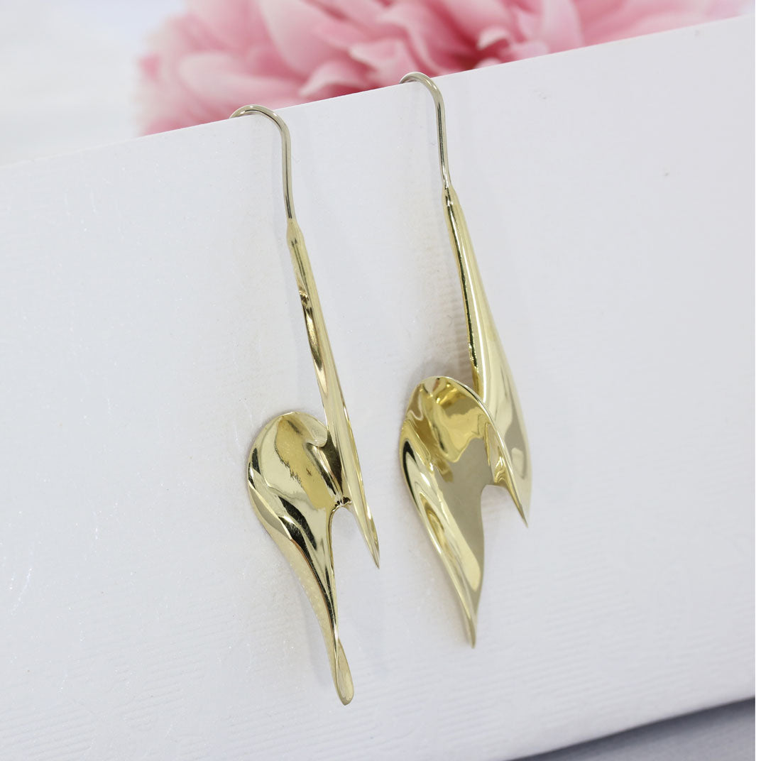 Pre Owned 9ct Gold Long Ribbon Twist Drop Earrings