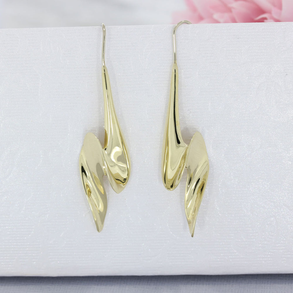 Pre Owned 9ct Gold Long Ribbon Twist Drop Earrings