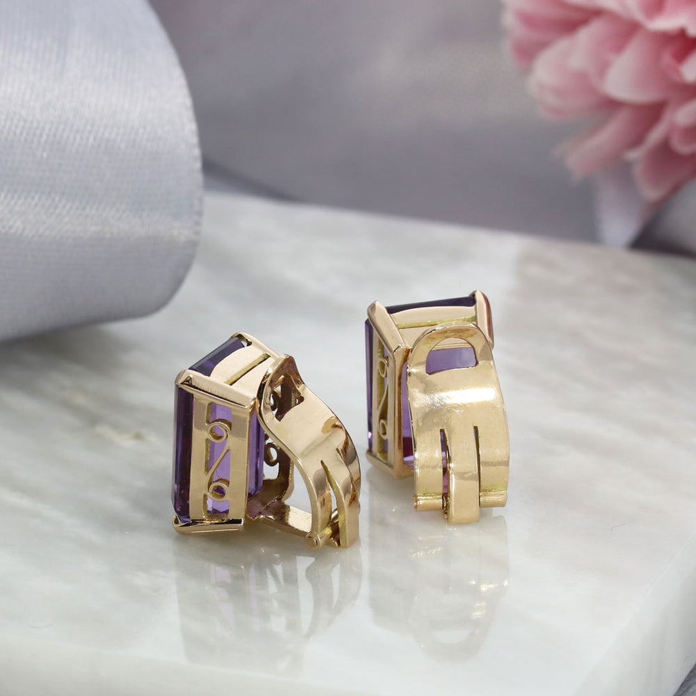 Pre Owned 14ct Gold Large Claw Set Oblong Amethyst Clip On Earrings