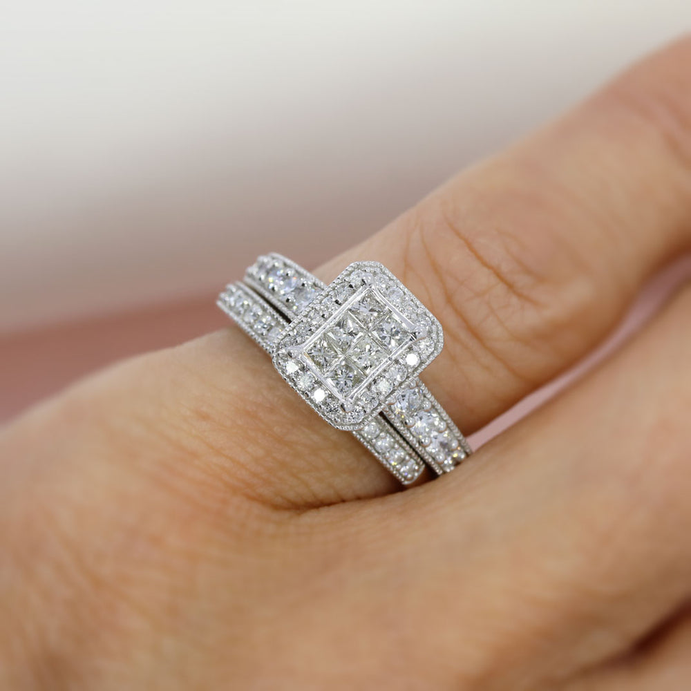 Pre Owned 9ct Gold Illusion Set Diamond Cluster Bridal Set