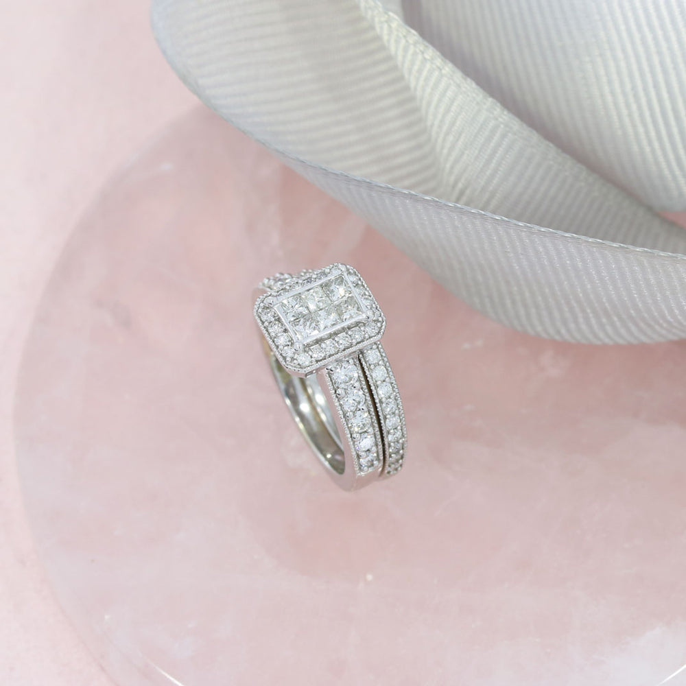 Pre Owned 9ct Gold Illusion Set Diamond Cluster Bridal Set