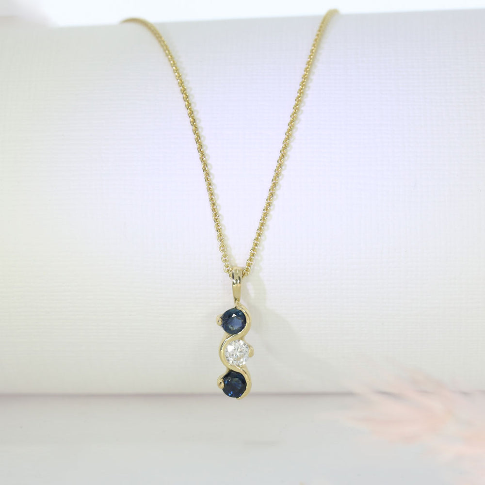 9ct Yellow Gold 3 Stone Sapphire Diamond Wave Pendant & Chain
