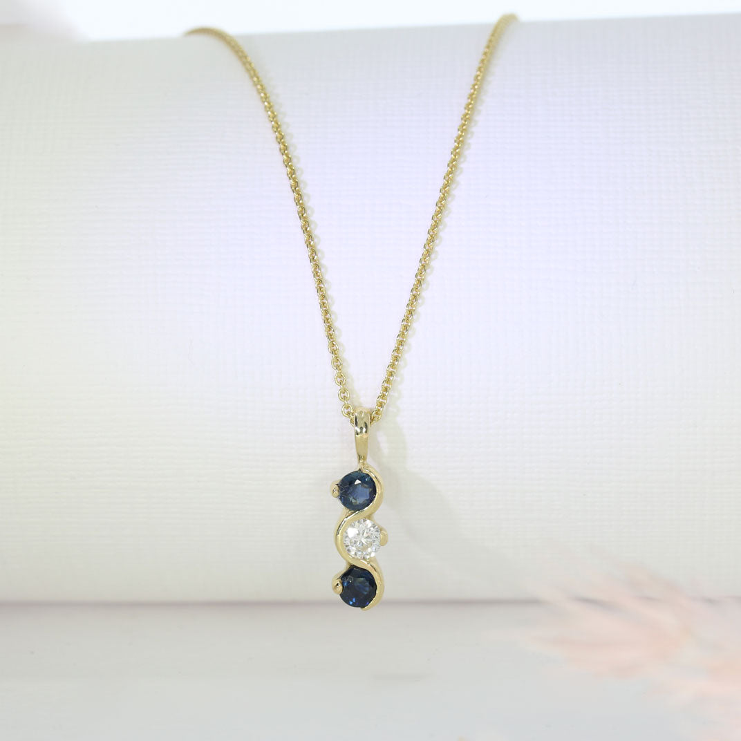 9ct Yellow Gold 3 Stone Sapphire Diamond Wave Pendant & Chain