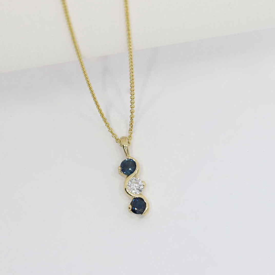 9ct Yellow Gold 3 Stone Sapphire Diamond Wave Pendant & Chain