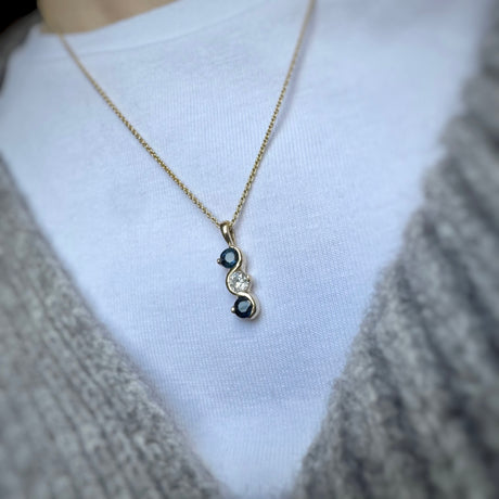 9ct Yellow Gold 3 Stone Sapphire Diamond Wave Pendant & Chain