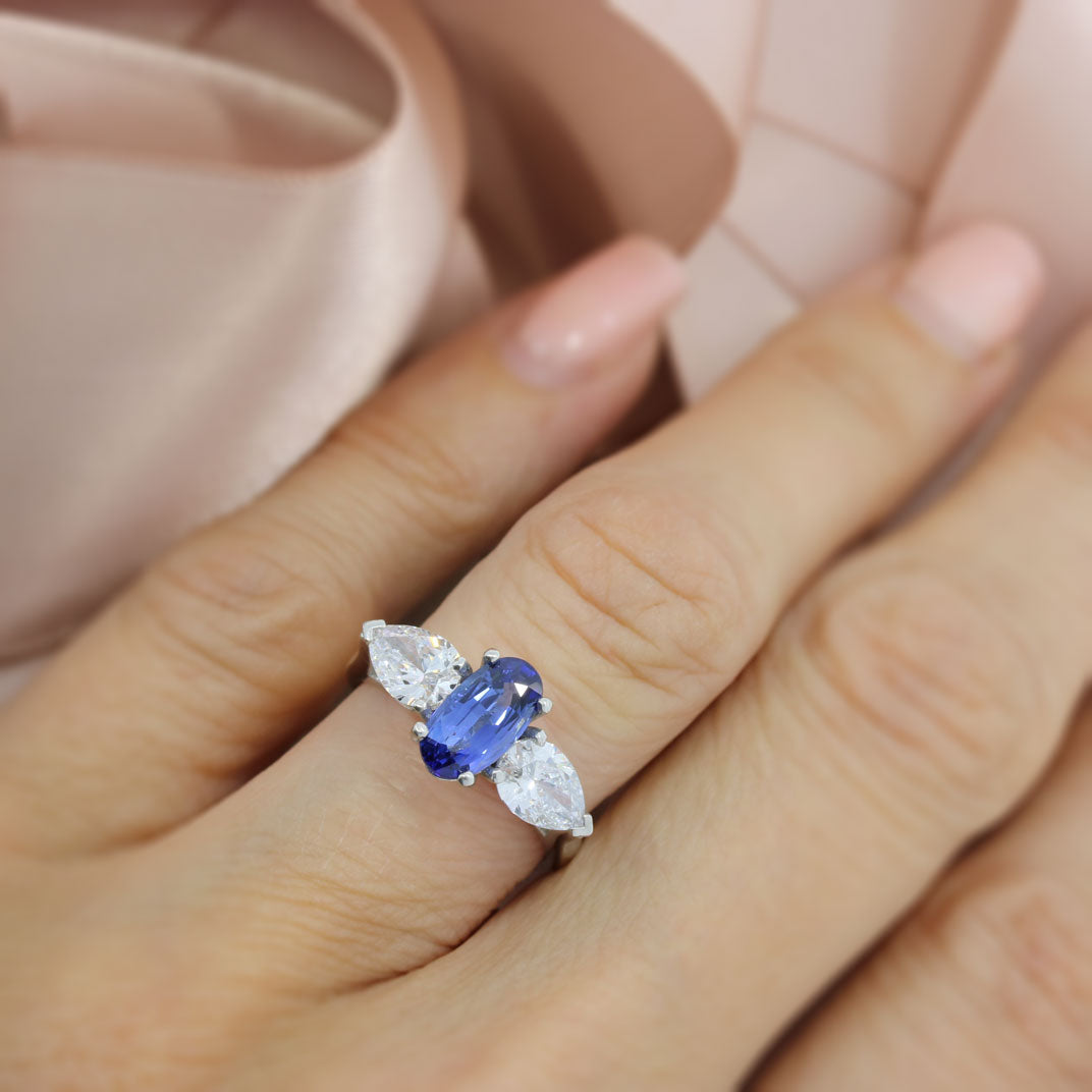 Platinum Sapphire 1.48ct & Pear Shape Lab Grown Diamond 1.30ct 3 Stone Ring
