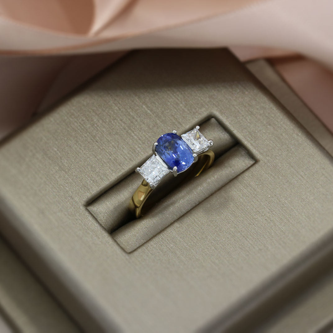 18ct Gold & Platinum Sapphire & Princess Cut Lab Grown Diamond 3 Stone Ring