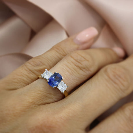 18ct Gold & Platinum Sapphire & Princess Cut Lab Grown Diamond 3 Stone Ring