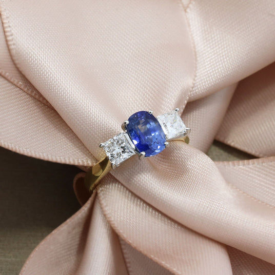 18ct Gold & Platinum Sapphire & Princess Cut Lab Grown Diamond 3 Stone Ring