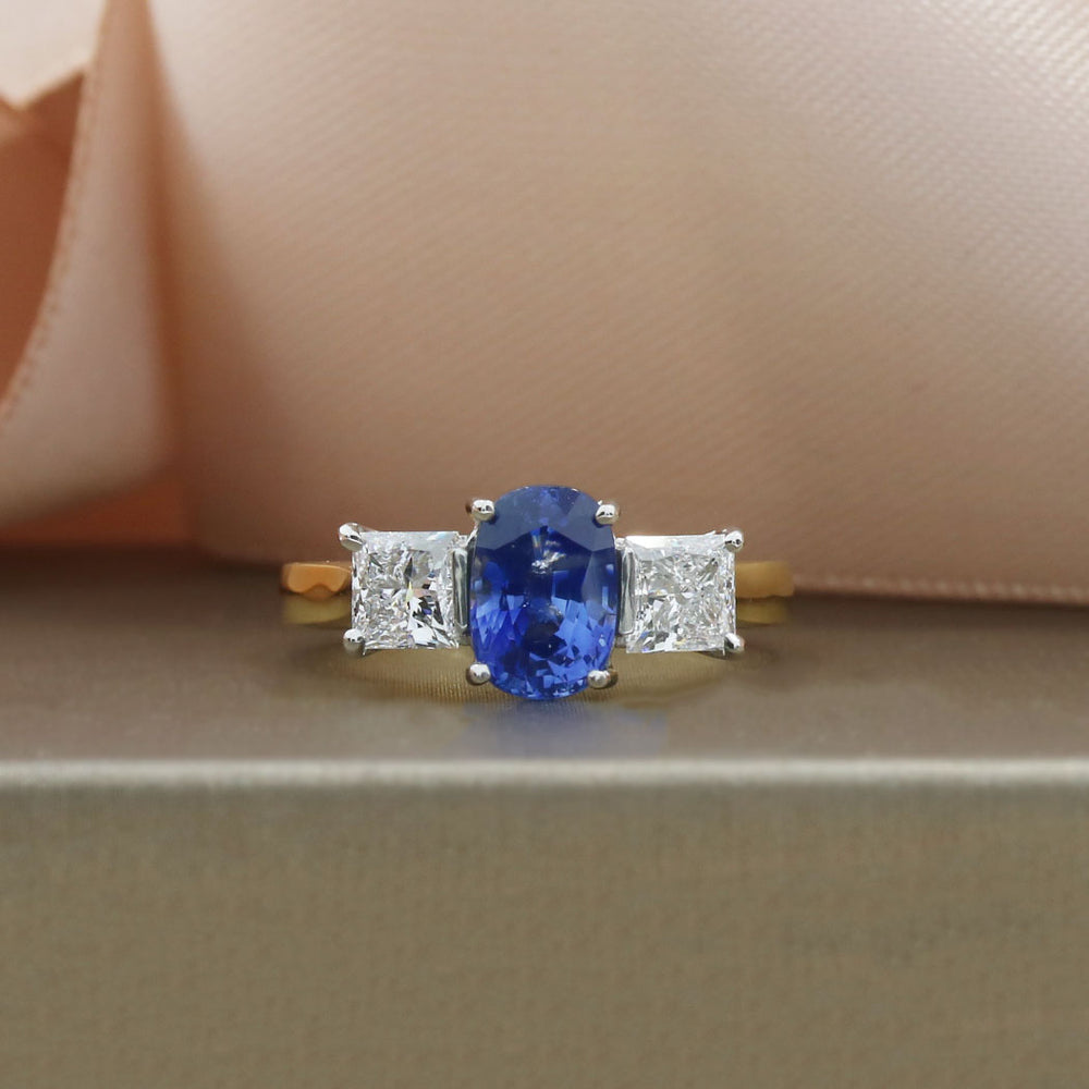18ct Gold & Platinum Sapphire & Princess Cut Lab Grown Diamond 3 Stone Ring
