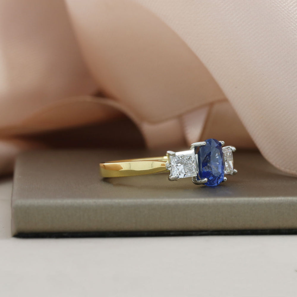18ct Gold & Platinum Sapphire & Princess Cut Lab Grown Diamond 3 Stone Ring
