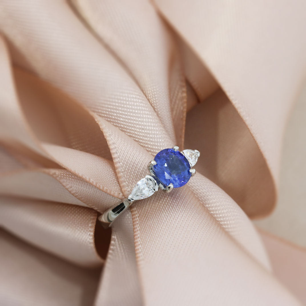 Platinum Sapphire & Pear Shape Laboratory Grown Diamond 3 Stone Ring