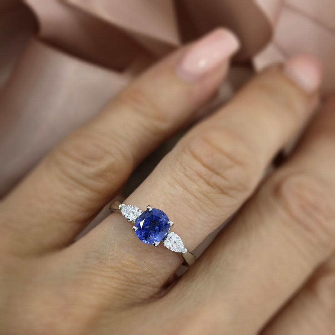 Platinum Sapphire & Pear Shape Laboratory Grown Diamond 3 Stone Ring