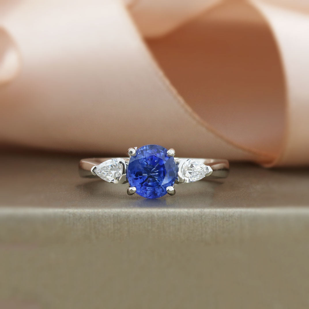 Platinum Sapphire & Pear Shape Laboratory Grown Diamond 3 Stone Ring