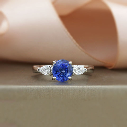 Platinum Sapphire & Pear Shape Laboratory Grown Diamond 3 Stone Ring