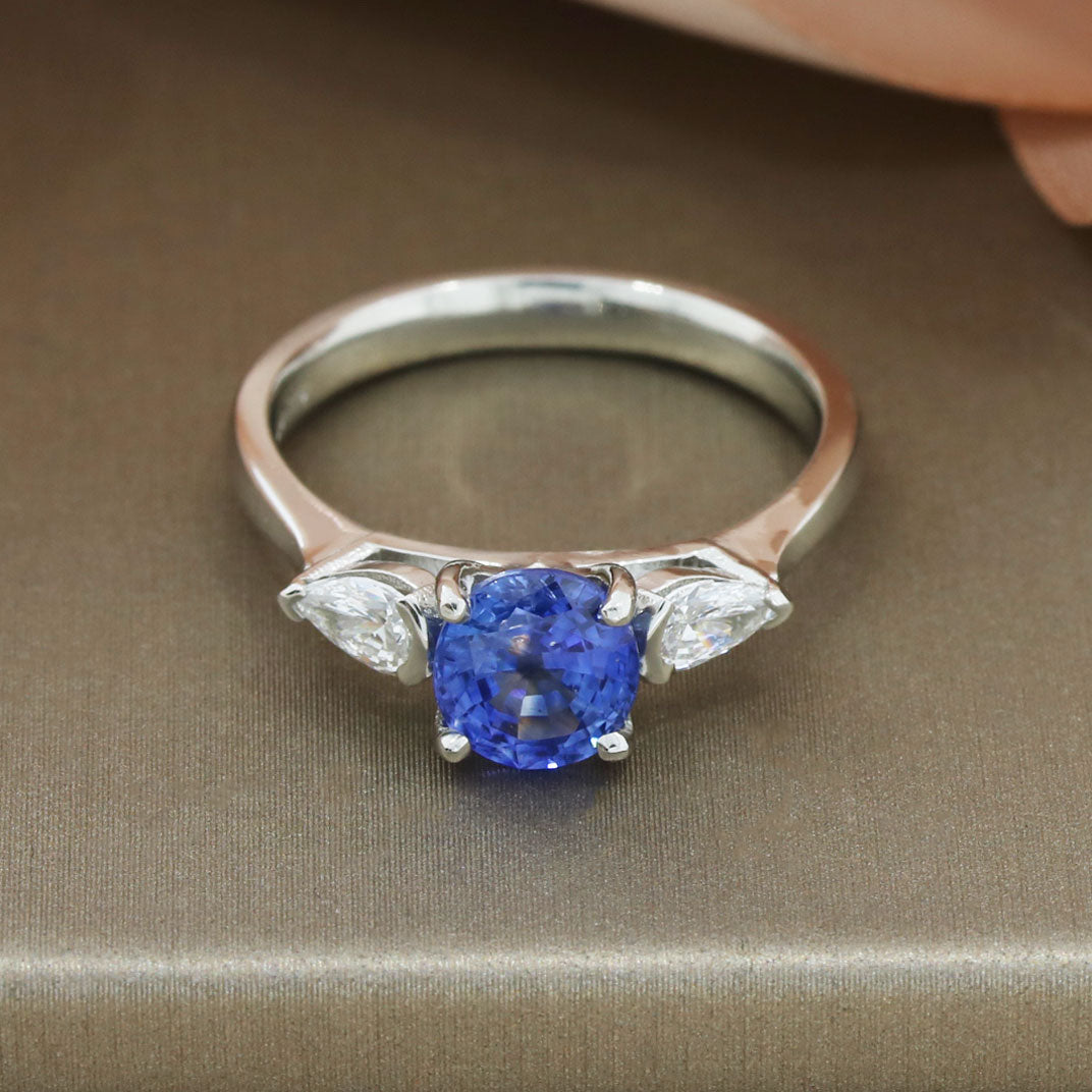 Platinum Sapphire & Pear Shape Laboratory Grown Diamond 3 Stone Ring