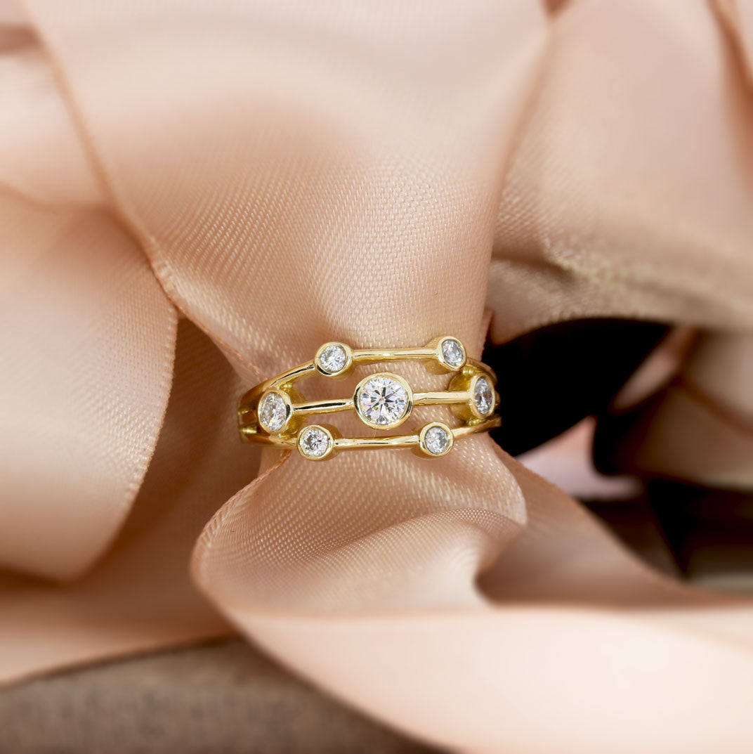 9ct Yellow Gold 3 Row Bubble Ring with Approx 0.45ct Lab Grown Diamonds