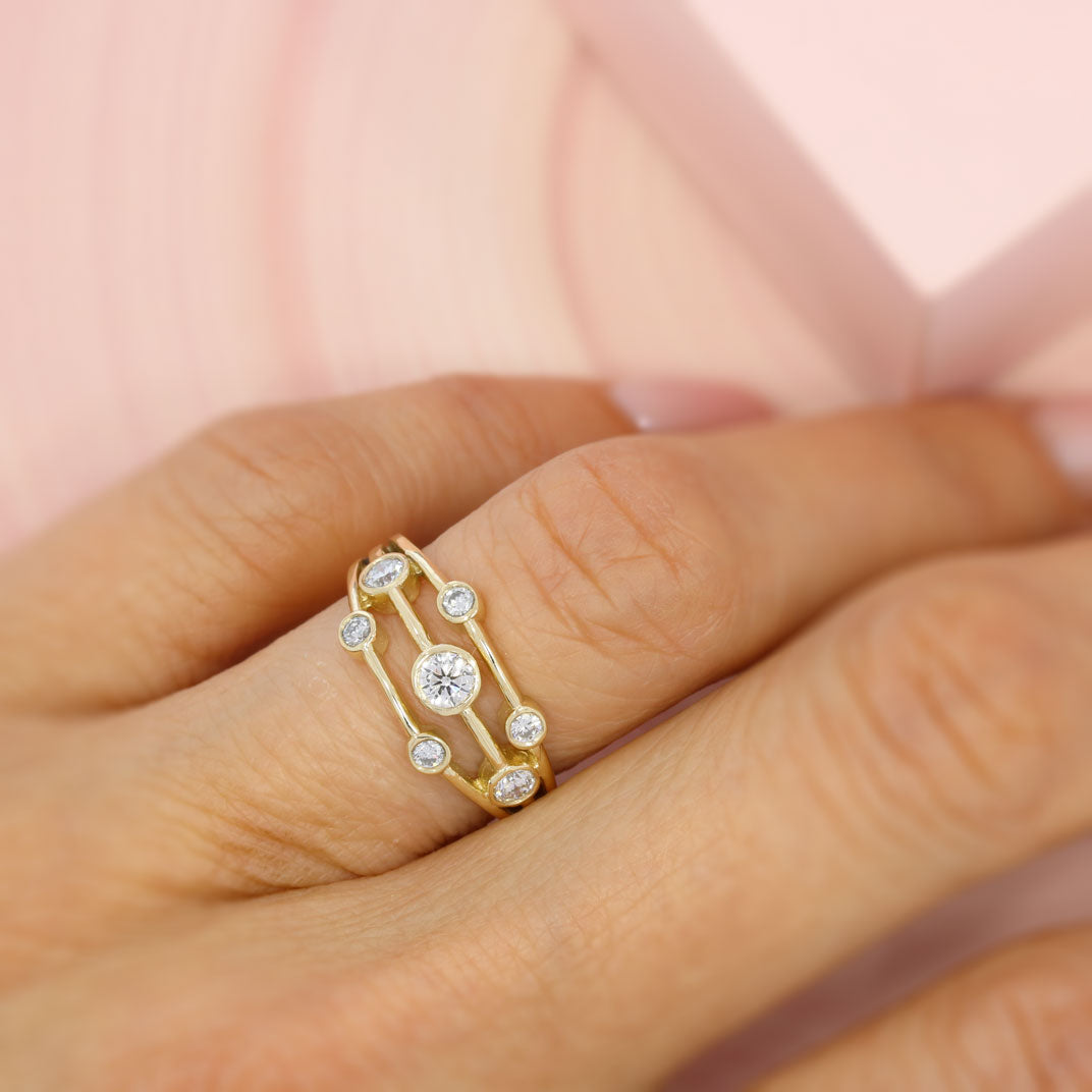 9ct Yellow Gold 3 Row Bubble Ring with Approx 0.45ct Lab Grown Diamonds