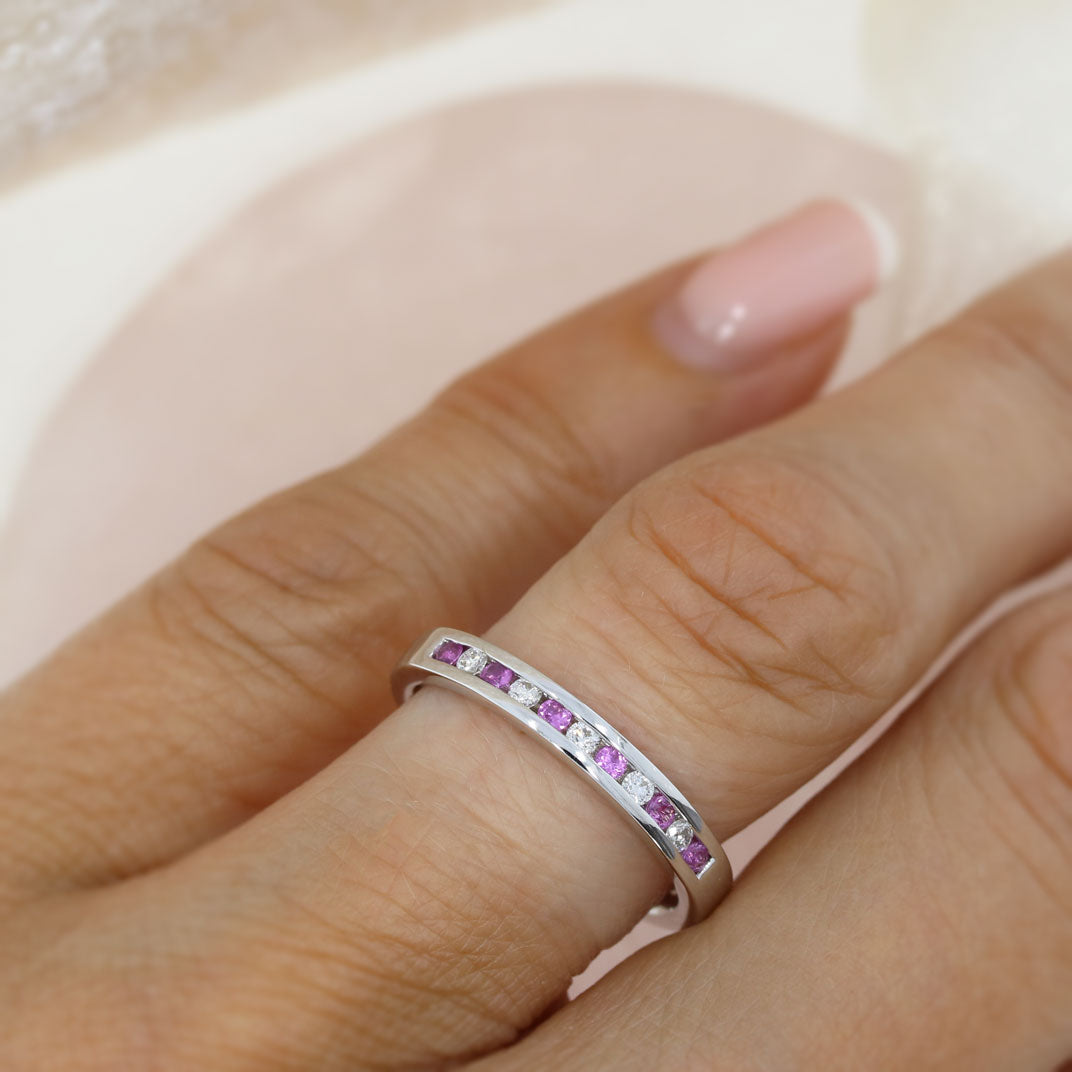 Pre Owned 18ct White Gold Pink Sapphire & Diamond Channel Set Eternity Ring
