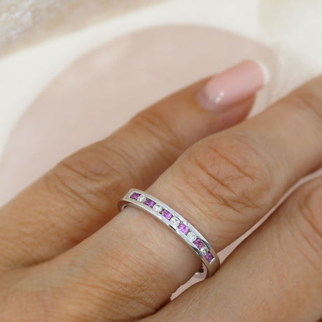 Pre Owned 18ct White Gold Pink Sapphire & Diamond Channel Set Eternity Ring