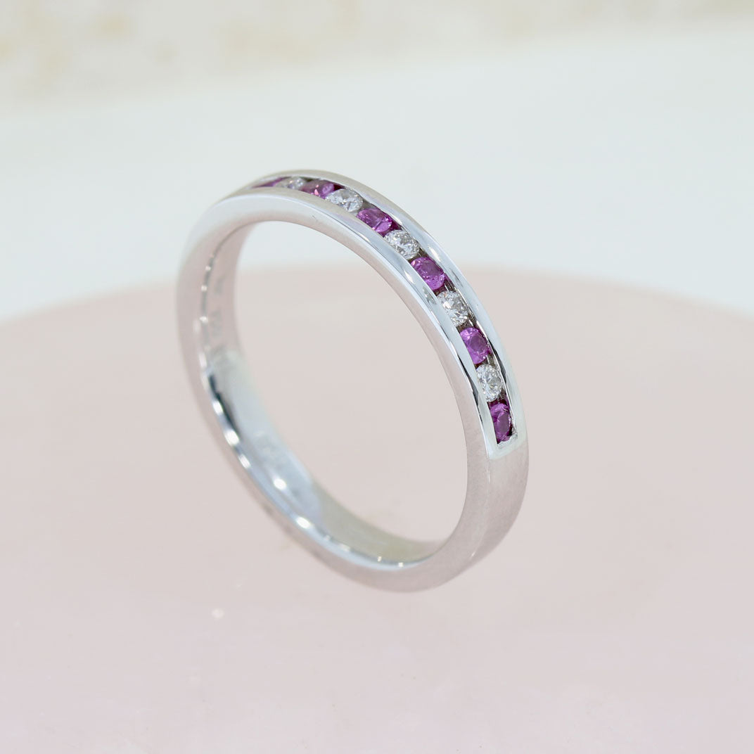 Pre Owned 18ct White Gold Pink Sapphire & Diamond Channel Set Eternity Ring
