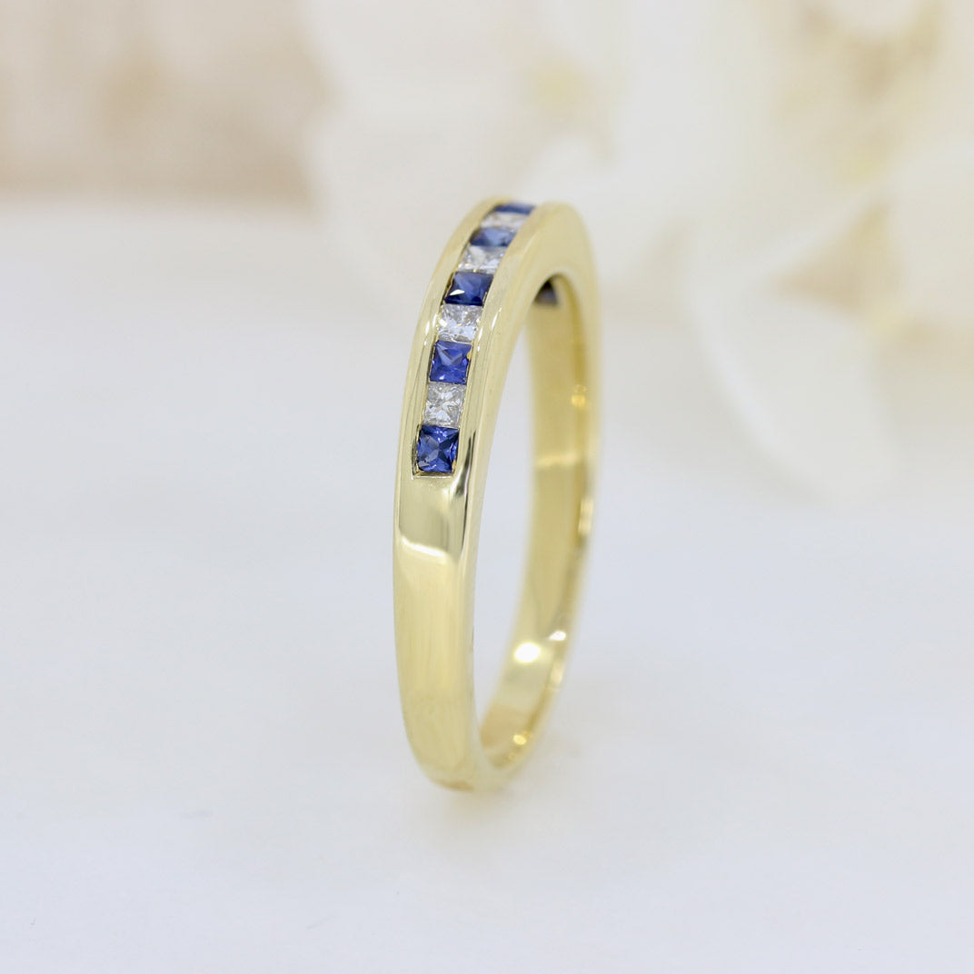 Pre Owned 18ct Yellow Gold Channel Set Square Sapphire & Diamond Eternity Ring