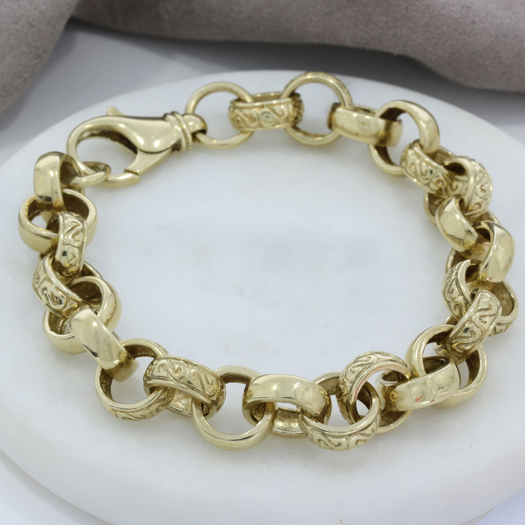 Pre Owned 9ct Yellow Gold Plain & Patterned Round Link Chunky Bracelet 9 1/2"