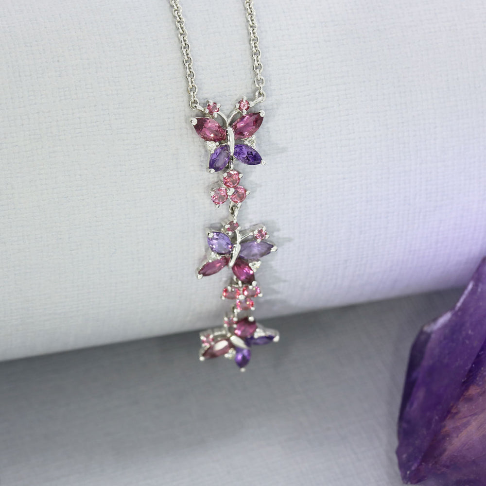 Pre Owned 9ct Gold Tourmaline, Amethyst & Diamond Butterfly Long Drop Necklace