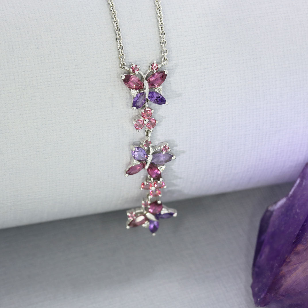 Pre Owned 9ct Gold Tourmaline, Amethyst & Diamond Butterfly Long Drop Necklace