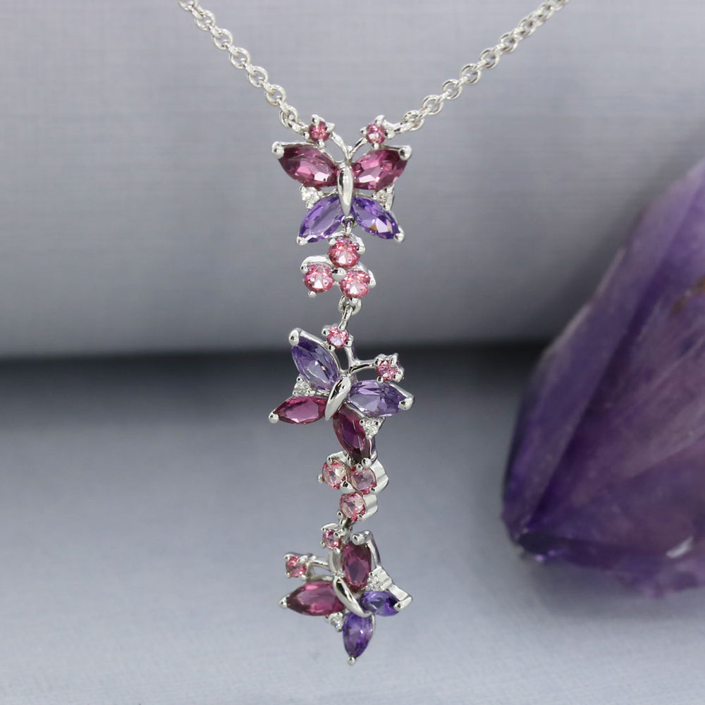 Pre Owned 9ct Gold Tourmaline, Amethyst & Diamond Butterfly Long Drop Necklace