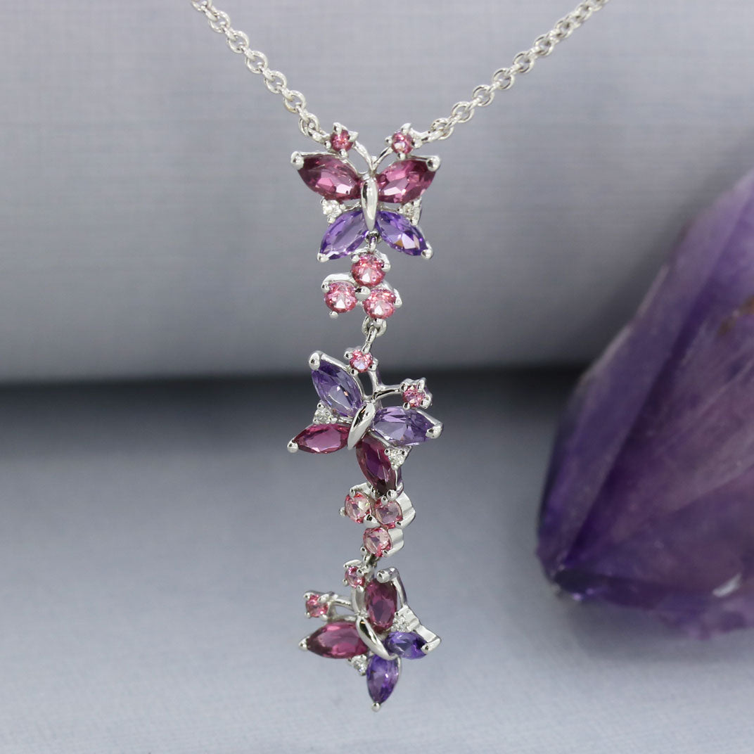 Pre Owned 9ct Gold Tourmaline, Amethyst & Diamond Butterfly Long Drop Necklace