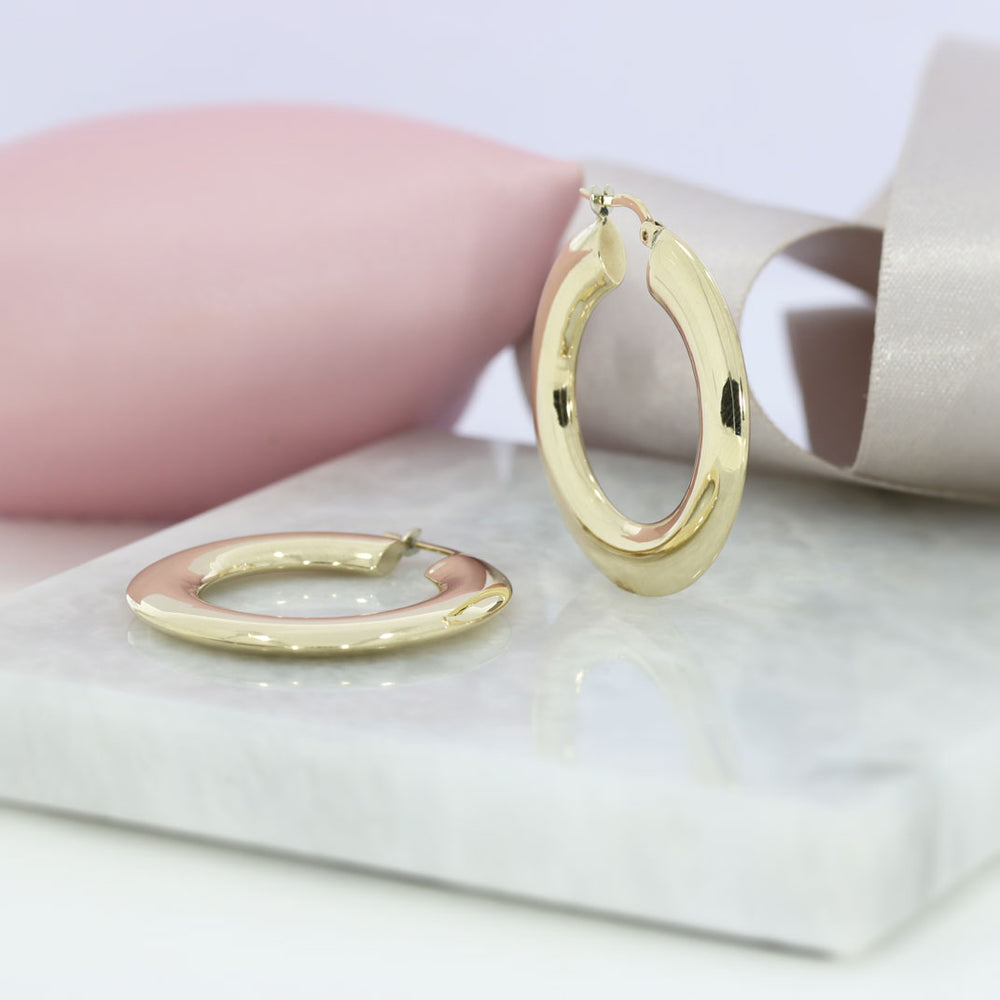 Pre Owned 9ct Yellow Gold Large Hollow Flat Hoop Earrings