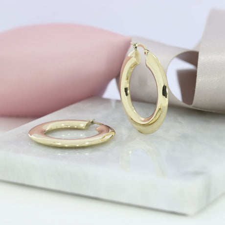 Pre Owned 9ct Yellow Gold Large Hollow Flat Hoop Earrings
