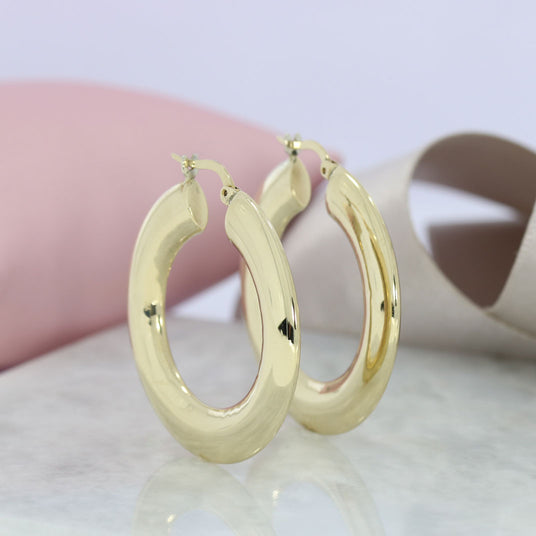 Pre Owned 9ct Yellow Gold Large Hollow Flat Hoop Earrings