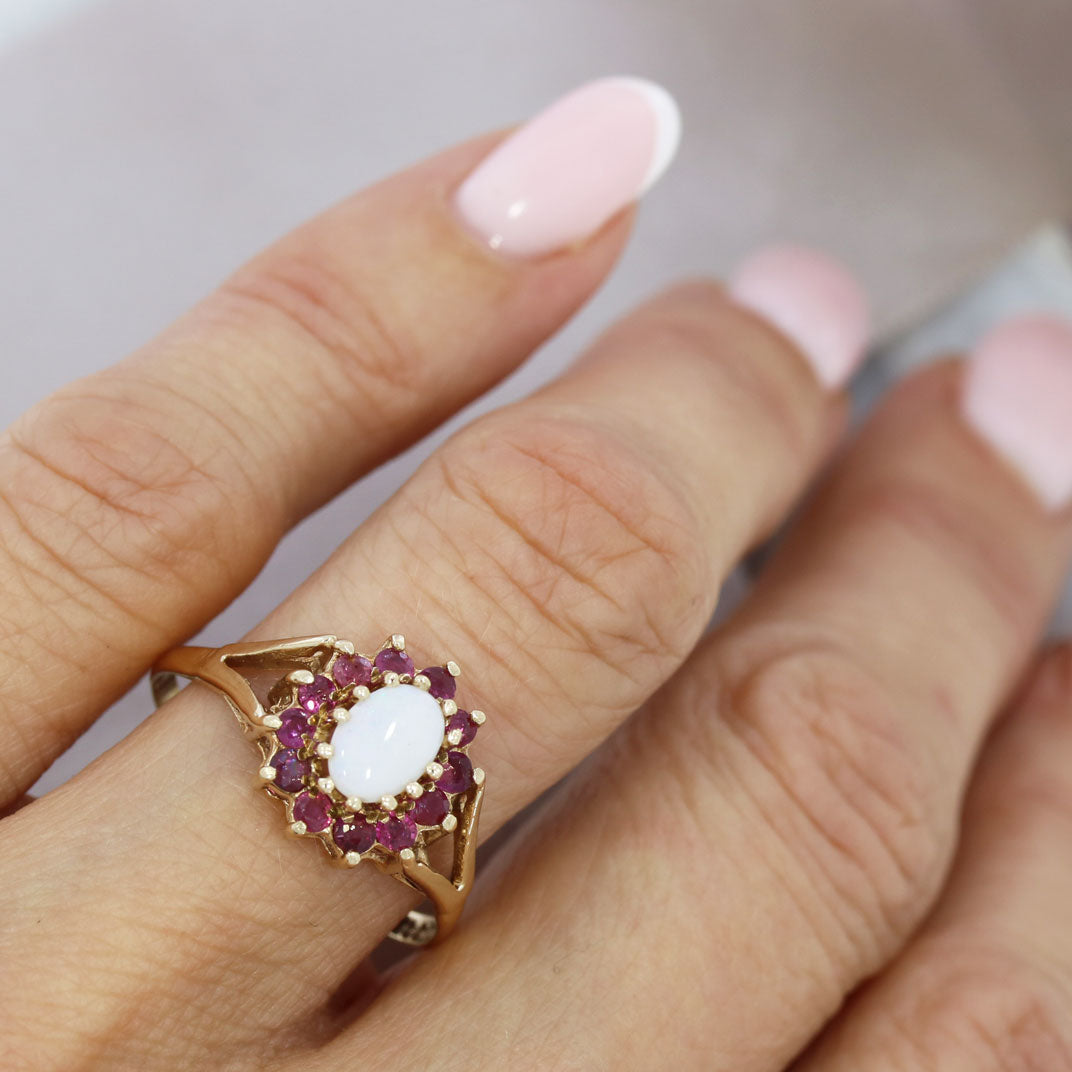Pre Owned 9ct Yellow Gold Ruby & Opal Oval Cluster Ring